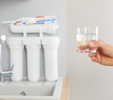 Men s hand holds glass clear water tap reverse osmosis filter background 360x320